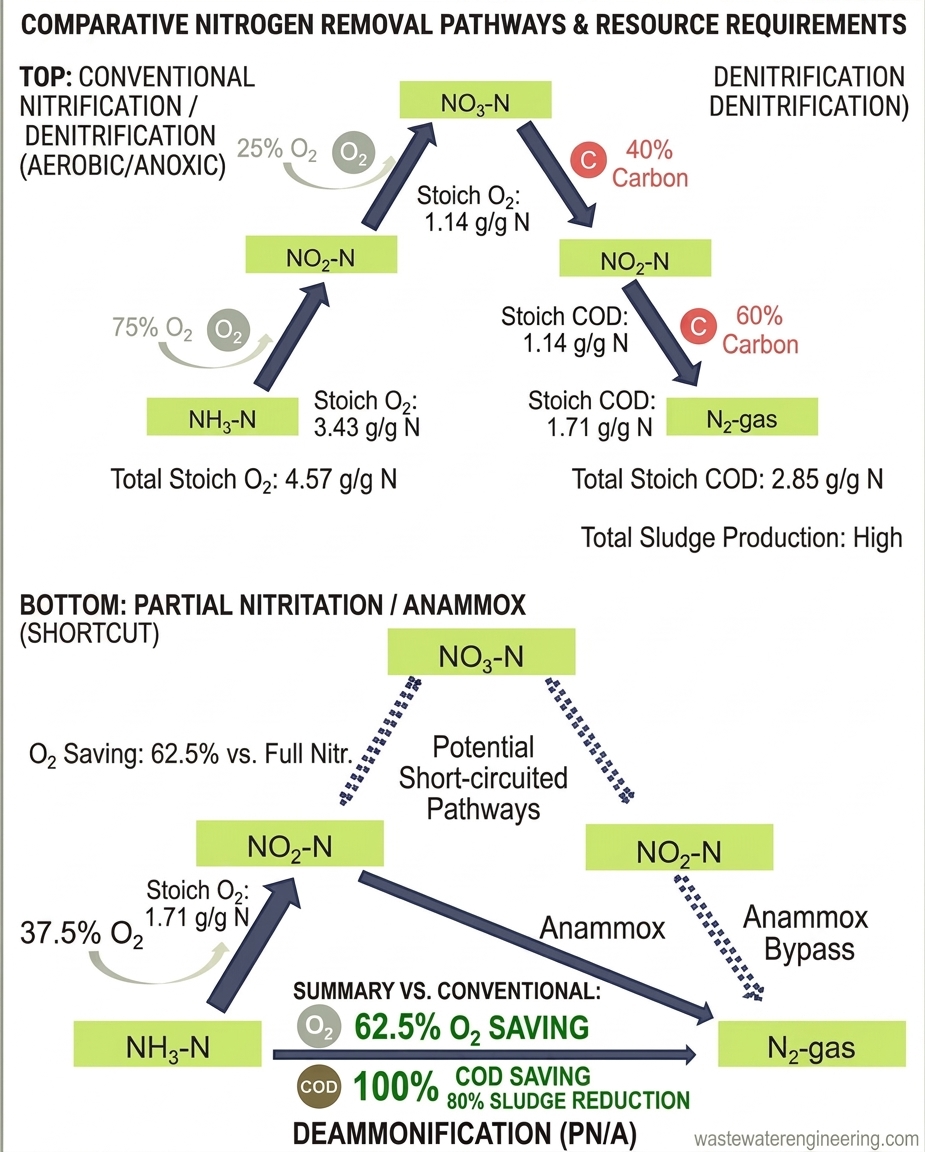 Comparison of conventional nitrogen removal and partial nitritation-anammox pathways showing oxygen, carbon, sludge, and nitrogen-gas requirements.
