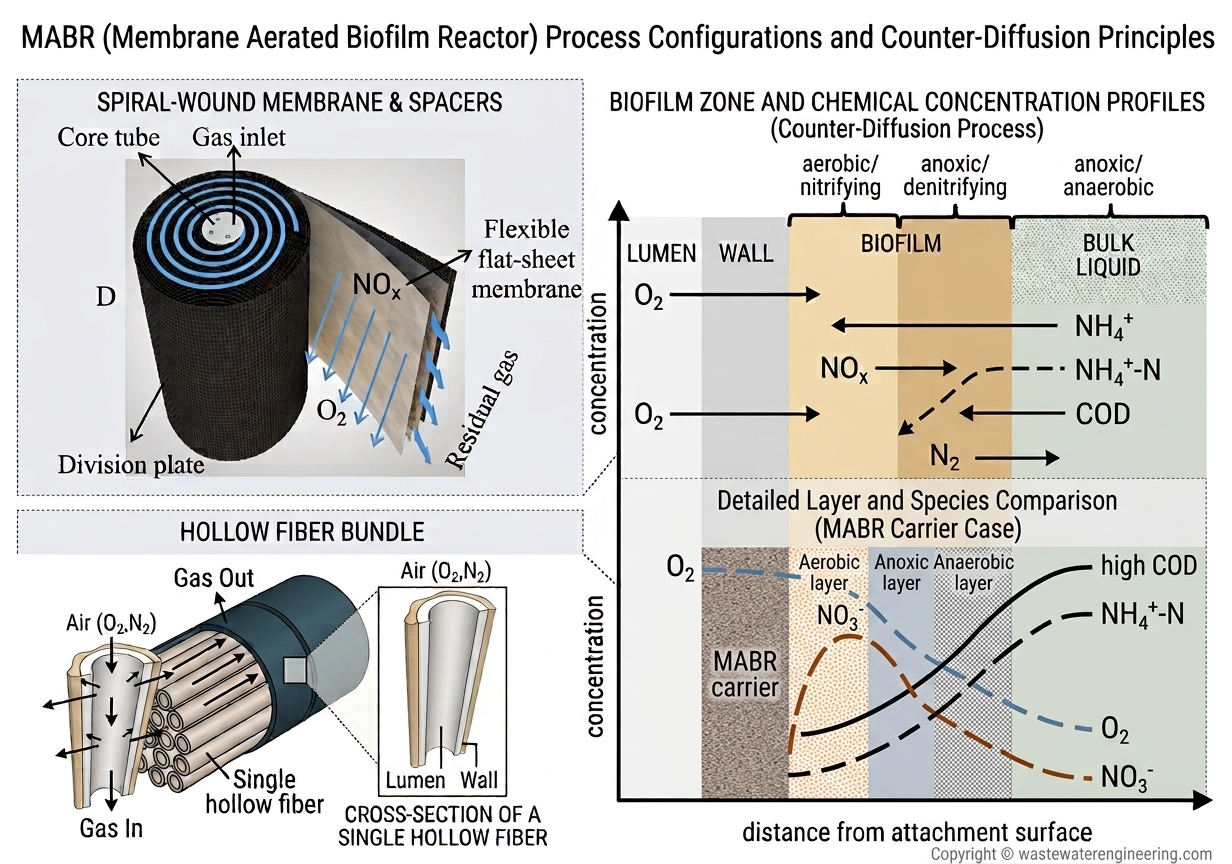 MABR membrane configurations and counter-diffusion biofilm cross-section showing spiral-wound and hollow-fiber modules, oxygen transfer, substrate movement, and aerobic, anoxic, and anaerobic zones.